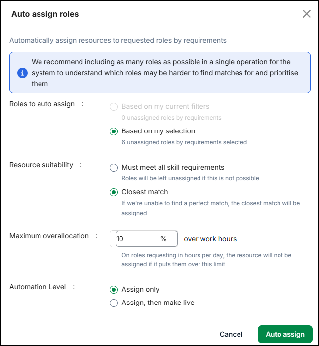 The Auto Assign Roles modal