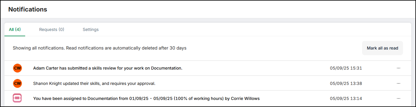 The Notifications page
