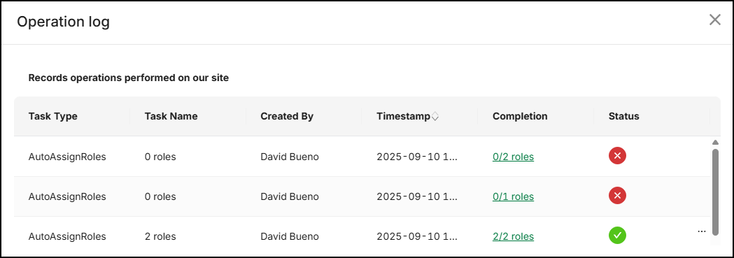 The Operation log displays the status of the Auto Assign operation