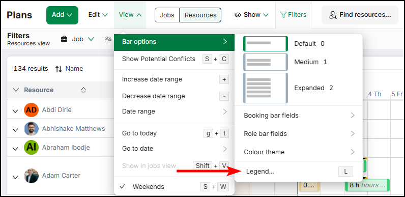 View the Bookings bars legend