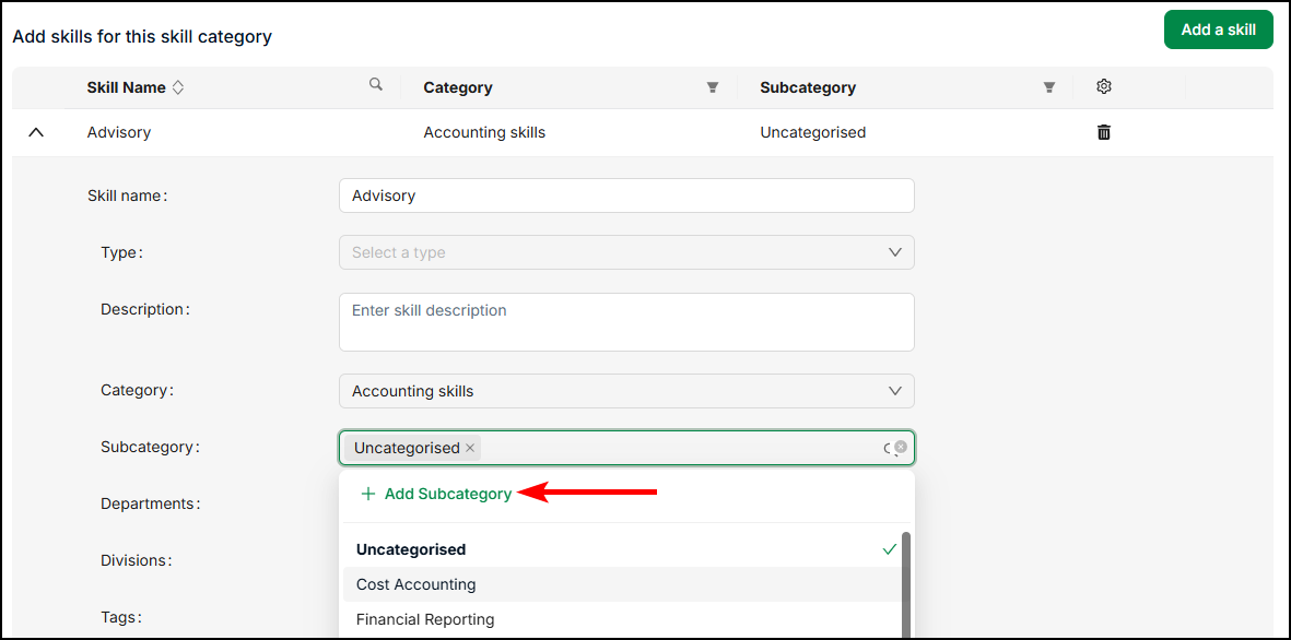 Create a Skill subcategory