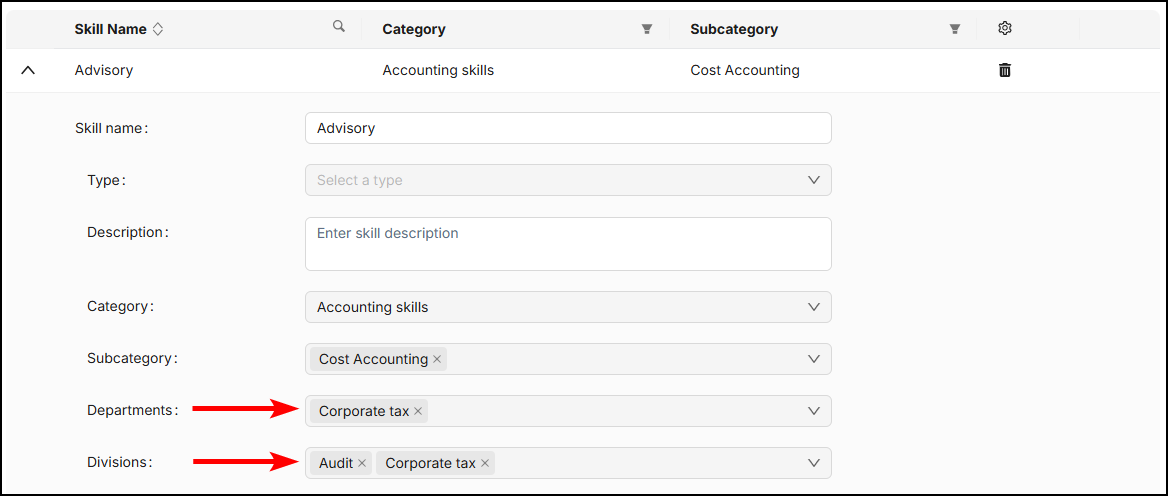 Add a department or division to a Skill