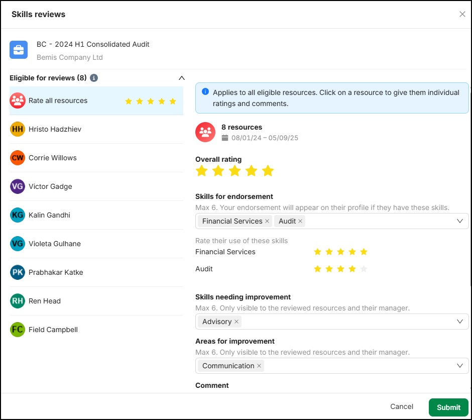 Leave a Skills review for multiple Resources on a Job